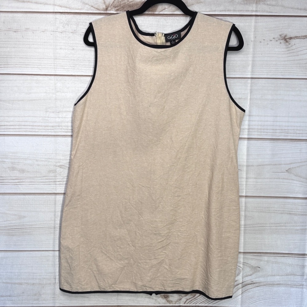 Tan Linen Blend Sleeveless Shift Dress Black Trim Basic Womens Large